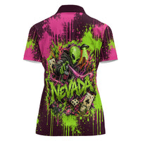Nevada Area 51 Bull Skull Alien UFO Women Polo Shirt Vibrant Pink Lime Paint Drip Graffiti Street Art Style