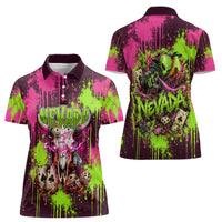 Nevada Area 51 Bull Skull Alien UFO Women Polo Shirt Vibrant Pink Lime Paint Drip Graffiti Street Art Style