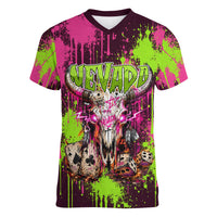 Nevada Area 51 Bull Skull Alien UFO Women V-Neck T-Shirt Vibrant Pink Lime Paint Drip Graffiti Street Art Style