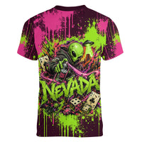 Nevada Area 51 Bull Skull Alien UFO Women V-Neck T-Shirt Vibrant Pink Lime Paint Drip Graffiti Street Art Style