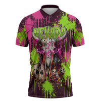 Nevada Area 51 Bull Skull Alien UFO Zipper Polo Shirt Vibrant Pink Lime Paint Drip Graffiti Street Art Style