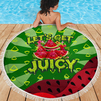Let's Get Juicy Waterwasted Watermelon Beach Blanket Funny Cartoon Summer Fruit Party Art