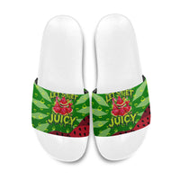 Let's Get Juicy Waterwasted Watermelon Slide Sandals Funny Cartoon Summer Fruit Party Art