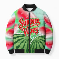 Summer Vibes Watermelon Bomber Puffer Jacket Drinks And Fruit - Vibrant Watercolor Style - Tropical Vacation Art