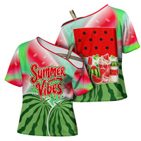 Summer Vibes Watermelon Cross Shoulder Shirt Drinks And Fruit - Vibrant Watercolor Style - Tropical Vacation Art