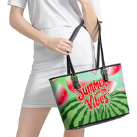 Summer Vibes Watermelon Leather Tote Bag Drinks And Fruit - Vibrant Watercolor Style - Tropical Vacation Art
