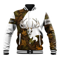 Custom Deer Hunting Skull Baseball Jacket with Antlers Graphic on Autumn Leaf Camo Background - Wonder Print Shop