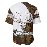 Custom Deer Hunting Skull Baseball Jersey with Antlers Graphic on Autumn Leaf Camo Background - Wonder Print Shop