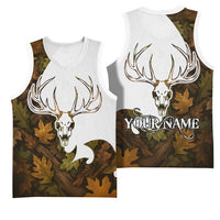Custom Deer Hunting Skull Basketball Jersey with Antlers Graphic on Autumn Leaf Camo Background - Wonder Print Shop