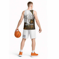 Custom Deer Hunting Skull Basketball Jersey with Antlers Graphic on Autumn Leaf Camo Background - Wonder Print Shop