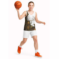 Custom Deer Hunting Skull Basketball Jersey with Antlers Graphic on Autumn Leaf Camo Background - Wonder Print Shop