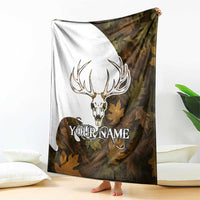 Custom Deer Hunting Skull Blanket with Antlers Graphic on Autumn Leaf Camo Background - Wonder Print Shop