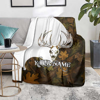 Custom Deer Hunting Skull Blanket with Antlers Graphic on Autumn Leaf Camo Background - Wonder Print Shop