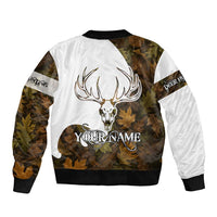 Custom Deer Hunting Skull Bomber Jacket with Antlers Graphic on Autumn Leaf Camo Background - Wonder Print Shop