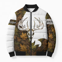 Custom Deer Hunting Skull Bomber Puffer Jacket with Antlers Graphic on Autumn Leaf Camo Background - Wonder Print Shop
