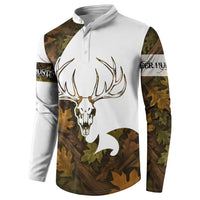Custom Deer Hunting Skull Button Sweatshirt with Antlers Graphic on Autumn Leaf Camo Background - Wonder Print Shop