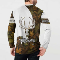 Custom Deer Hunting Skull Button Sweatshirt with Antlers Graphic on Autumn Leaf Camo Background - Wonder Print Shop