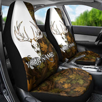 Custom Deer Hunting Skull Car Seat Cover with Antlers Graphic on Autumn Leaf Camo Background - Wonder Print Shop
