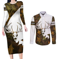 Custom Deer Hunting Skull Couples Matching Long Sleeve Bodycon Dress and Long Sleeve Button Shirt with Antlers Graphic on Autumn Leaf Camo Background - Wonder Print Shop