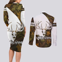 Custom Deer Hunting Skull Couples Matching Long Sleeve Bodycon Dress and Long Sleeve Button Shirt with Antlers Graphic on Autumn Leaf Camo Background - Wonder Print Shop