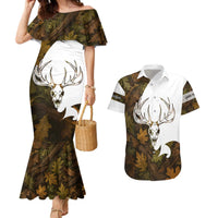 Custom Deer Hunting Skull Couples Matching Mermaid Dress and Hawaiian Shirt with Antlers Graphic on Autumn Leaf Camo Background - Wonder Print Shop