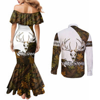 Custom Deer Hunting Skull Couples Matching Mermaid Dress and Long Sleeve Button Shirt with Antlers Graphic on Autumn Leaf Camo Background - Wonder Print Shop