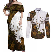 Custom Deer Hunting Skull Couples Matching Off Shoulder Maxi Dress and Long Sleeve Button Shirt with Antlers Graphic on Autumn Leaf Camo Background - Wonder Print Shop