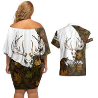 Custom Deer Hunting Skull Couples Matching Off Shoulder Short Dress and Hawaiian Shirt with Antlers Graphic on Autumn Leaf Camo Background - Wonder Print Shop