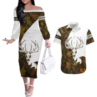 Custom Deer Hunting Skull Couples Matching Off The Shoulder Long Sleeve Dress and Hawaiian Shirt with Antlers Graphic on Autumn Leaf Camo Background - Wonder Print Shop