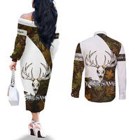 Custom Deer Hunting Skull Couples Matching Off The Shoulder Long Sleeve Dress and Long Sleeve Button Shirt with Antlers Graphic on Autumn Leaf Camo Background - Wonder Print Shop