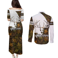 Custom Deer Hunting Skull Couples Matching Puletasi and Long Sleeve Button Shirt with Antlers Graphic on Autumn Leaf Camo Background - Wonder Print Shop