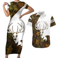 Custom Deer Hunting Skull Couples Matching Short Sleeve Bodycon Dress and Hawaiian Shirt with Antlers Graphic on Autumn Leaf Camo Background - Wonder Print Shop