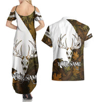 Custom Deer Hunting Skull Couples Matching Summer Maxi Dress and Hawaiian Shirt with Antlers Graphic on Autumn Leaf Camo Background - Wonder Print Shop