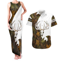 Custom Deer Hunting Skull Couples Matching Tank Maxi Dress and Hawaiian Shirt with Antlers Graphic on Autumn Leaf Camo Background - Wonder Print Shop
