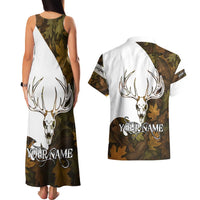 Custom Deer Hunting Skull Couples Matching Tank Maxi Dress and Hawaiian Shirt with Antlers Graphic on Autumn Leaf Camo Background - Wonder Print Shop