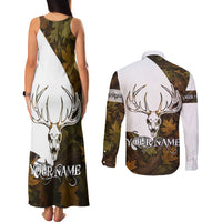 Custom Deer Hunting Skull Couples Matching Tank Maxi Dress and Long Sleeve Button Shirt with Antlers Graphic on Autumn Leaf Camo Background - Wonder Print Shop