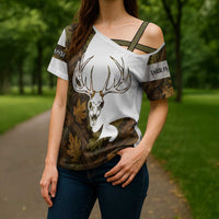 Custom Deer Hunting Skull Cross Shoulder Shirt with Antlers Graphic on Autumn Leaf Camo Background - Wonder Print Shop