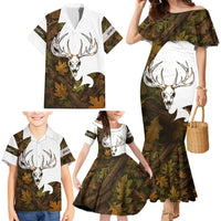 Custom Deer Hunting Skull Family Matching Mermaid Dress and Hawaiian Shirt with Antlers Graphic on Autumn Leaf Camo Background - Wonder Print Shop