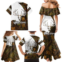 Custom Deer Hunting Skull Family Matching Mermaid Dress and Hawaiian Shirt with Antlers Graphic on Autumn Leaf Camo Background - Wonder Print Shop