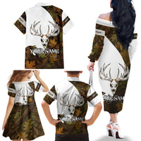 Custom Deer Hunting Skull Family Matching Off The Shoulder Long Sleeve Dress and Hawaiian Shirt with Antlers Graphic on Autumn Leaf Camo Background - Wonder Print Shop