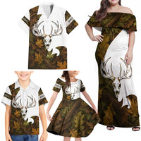 Custom Deer Hunting Skull Family Matching Off Shoulder Maxi Dress and Hawaiian Shirt with Antlers Graphic on Autumn Leaf Camo Background - Wonder Print Shop