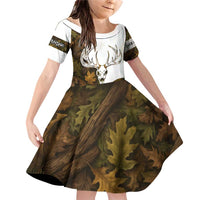 Custom Deer Hunting Skull Family Matching Off Shoulder Short Dress and Hawaiian Shirt with Antlers Graphic on Autumn Leaf Camo Background - Wonder Print Shop
