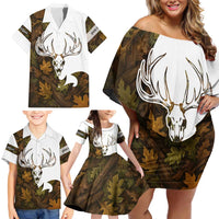Custom Deer Hunting Skull Family Matching Off Shoulder Short Dress and Hawaiian Shirt with Antlers Graphic on Autumn Leaf Camo Background - Wonder Print Shop