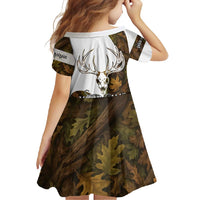 Custom Deer Hunting Skull Family Matching Short Sleeve Bodycon Dress and Hawaiian Shirt with Antlers Graphic on Autumn Leaf Camo Background - Wonder Print Shop