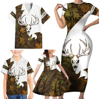 Custom Deer Hunting Skull Family Matching Short Sleeve Bodycon Dress and Hawaiian Shirt with Antlers Graphic on Autumn Leaf Camo Background - Wonder Print Shop