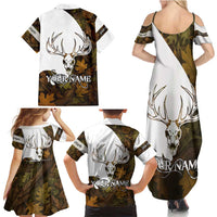 Custom Deer Hunting Skull Family Matching Summer Maxi Dress and Hawaiian Shirt with Antlers Graphic on Autumn Leaf Camo Background - Wonder Print Shop
