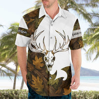 Custom Deer Hunting Skull Hawaiian Shirt with Antlers Graphic on Autumn Leaf Camo Background - Wonder Print Shop