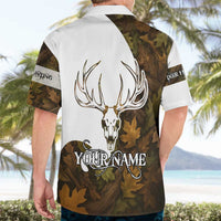 Custom Deer Hunting Skull Hawaiian Shirt with Antlers Graphic on Autumn Leaf Camo Background - Wonder Print Shop