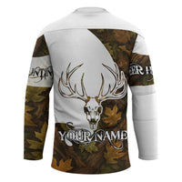Custom Deer Hunting Skull Hockey Jersey with Antlers Graphic on Autumn Leaf Camo Background - Wonder Print Shop