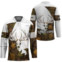 Custom Deer Hunting Skull Hockey Jersey with Antlers Graphic on Autumn Leaf Camo Background - Wonder Print Shop